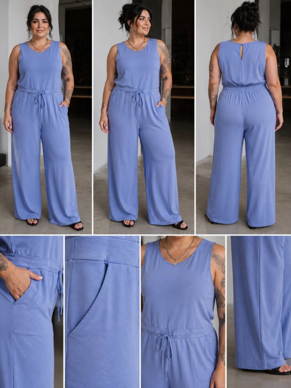 PRETTYGARDEN Womens XL Haze Blue Wide Leg Jumpsuit Drawstring Pockets NWT